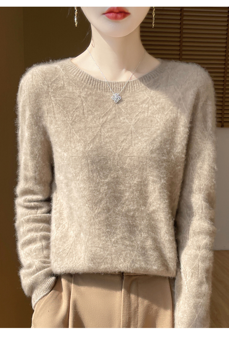 镂空花一线成衣100纯羊毛衫女圆领长袖针织羊绒毛衣宽松软糯打底详情22