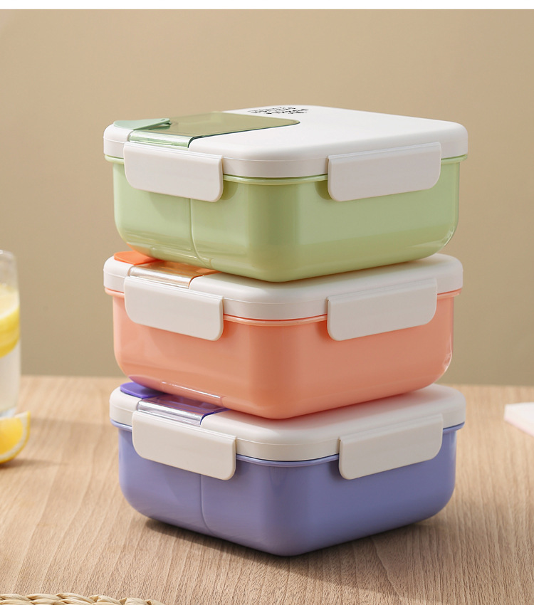 Student and office worker lunch box, plastic compartments, square, portable lunch box with tableware, microwave bento box pic 17
