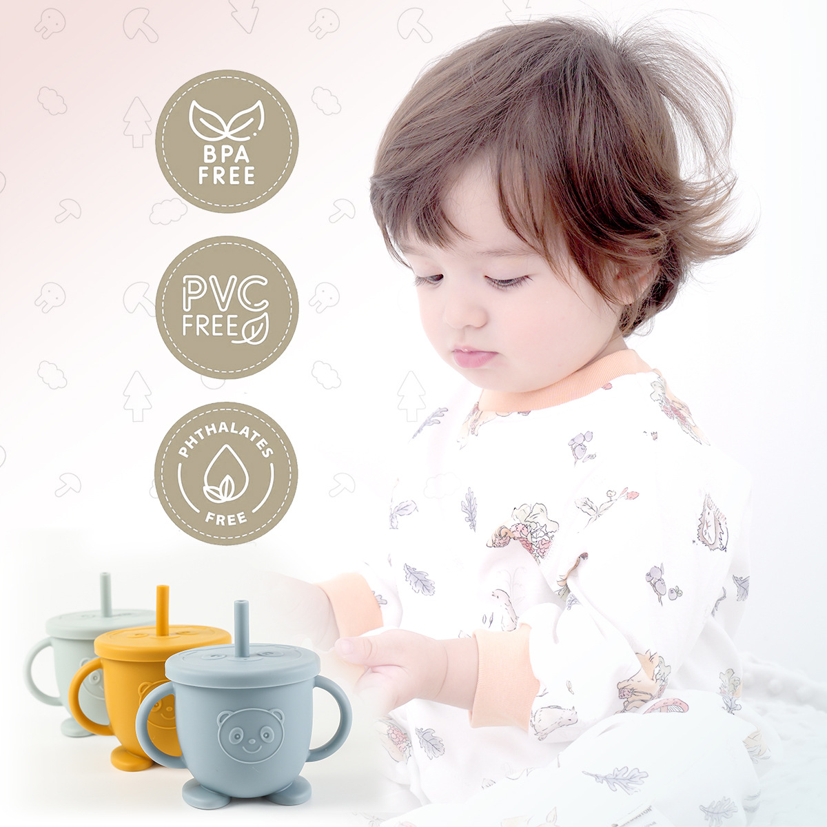 宝宝学饮杯食品级硅胶双耳吸管杯耐摔耐高温小熊猫杯子喂养水杯详情4