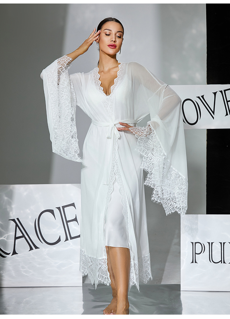 Two-piece set of white satin halter sleeping dress for export, detachable chest cushion mesh lace flared sleeve outer robe 1182 pic 9