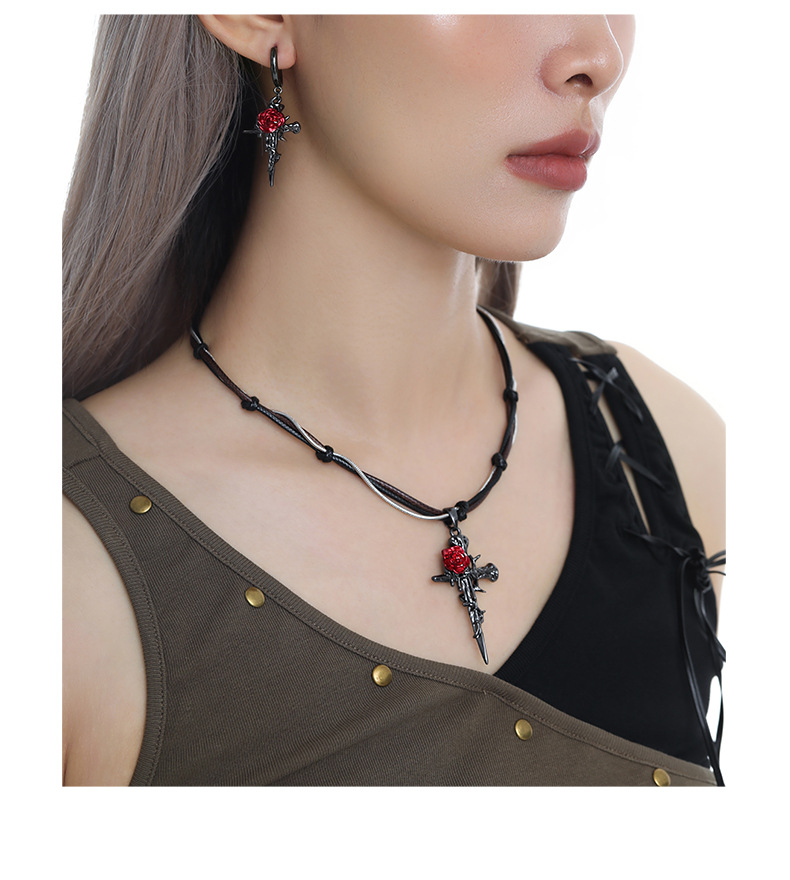 Dark Gothic style red rose entwined cross pendant necklace with a unique female design sense, black woven collarbone chain pic 9