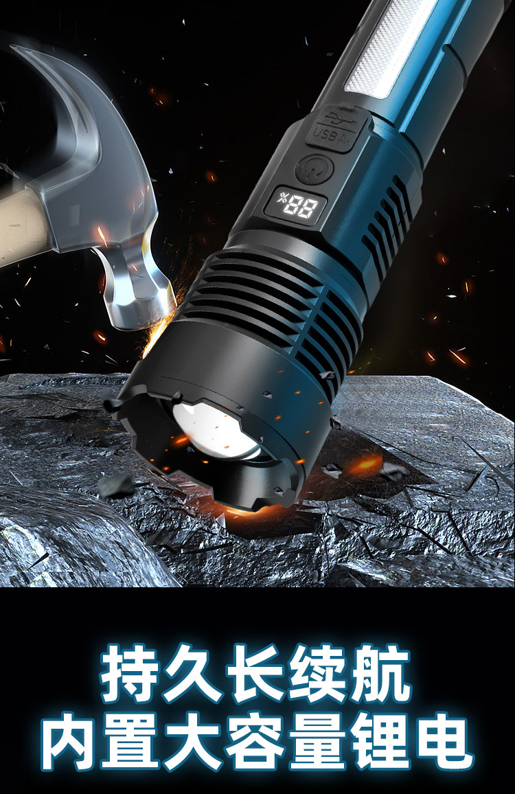 Cross-border white laser high-intensity flashlight, USB charging, telescopic focusing, ultra-bright long-range COB side light flashlight, outdoor pic 17