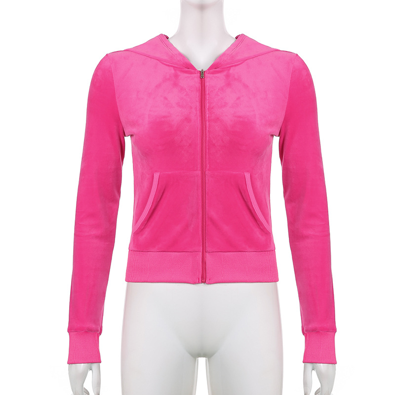 Solid color velvet slim sports suit zipper hood pic 34