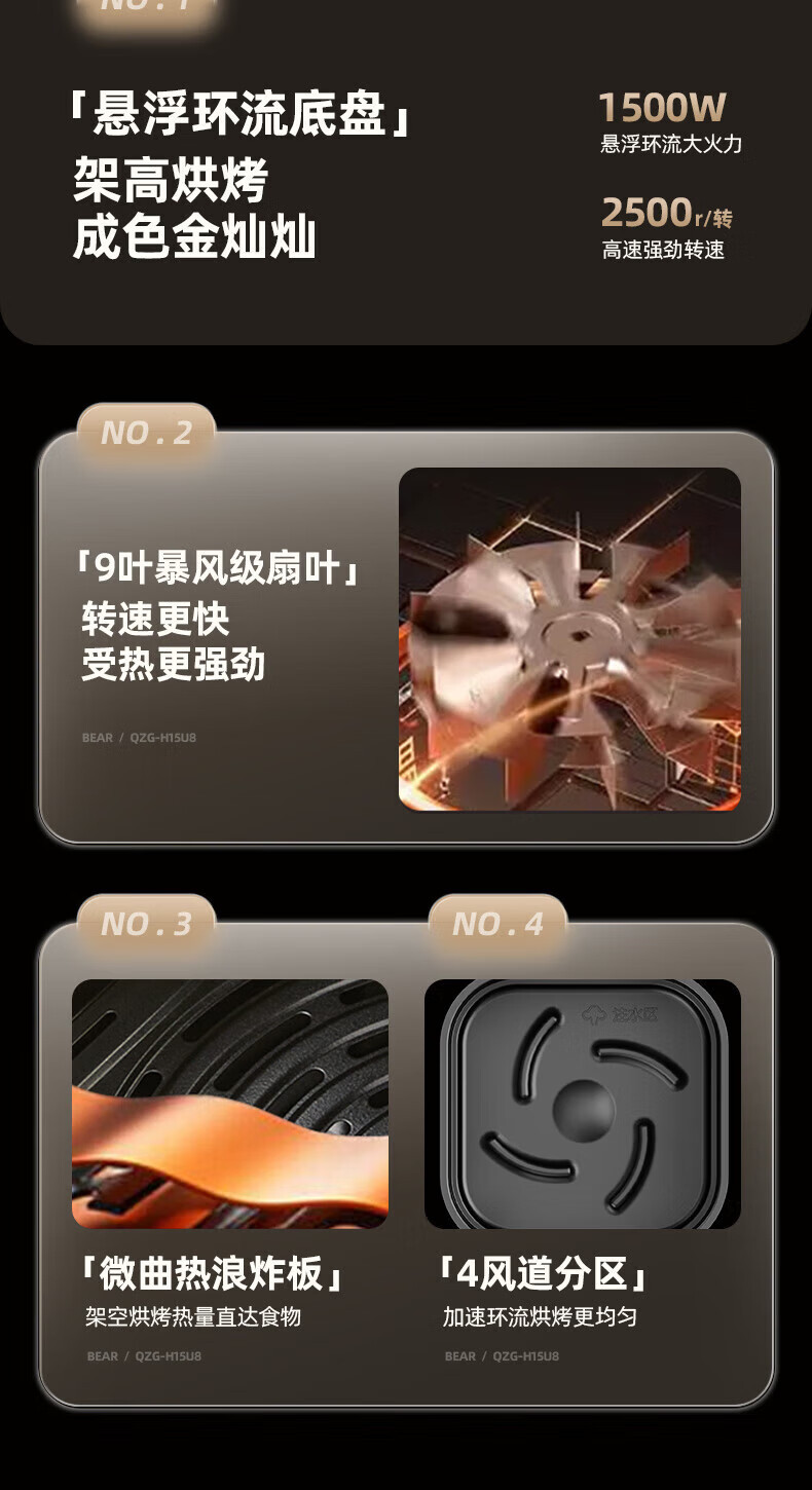 小熊空气炸锅QZG-H15U8大容量5升可视全自动不用翻面低脂微蒸汽嫩详情6