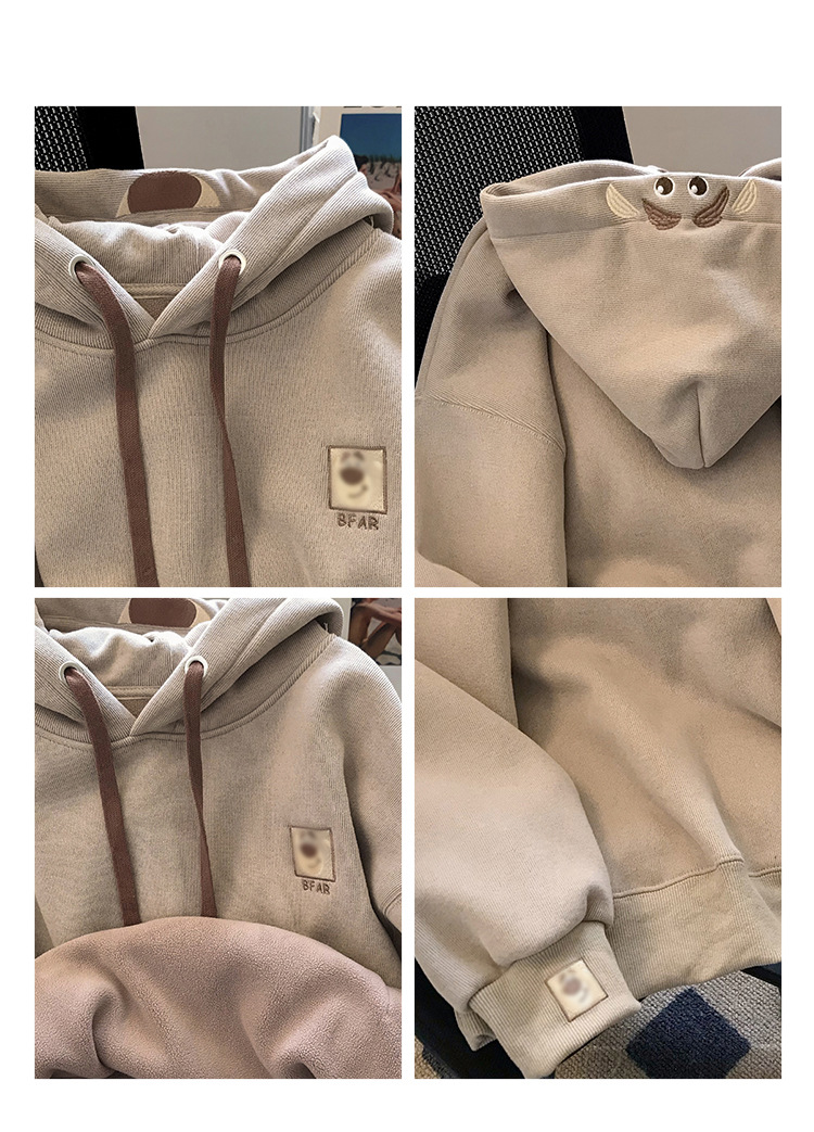 奶系加绒加厚刺绣小熊可爱连帽衫卫衣女秋冬vintage减龄宽松上衣详情5
