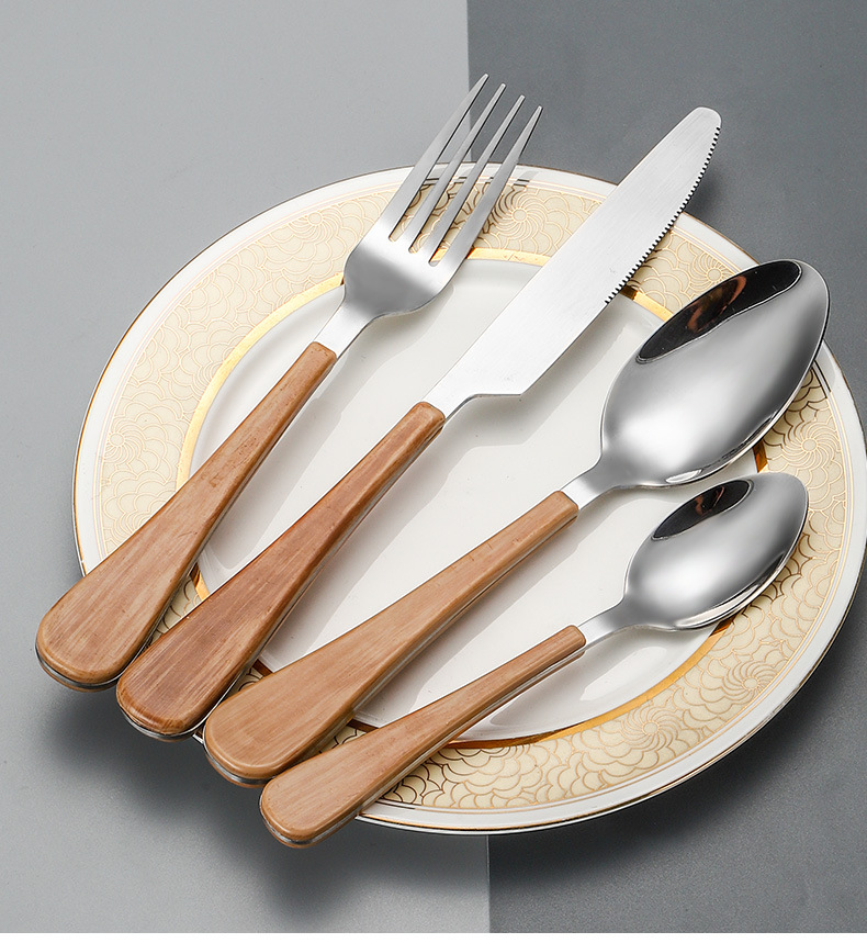 Cross-border Amazon 1010 Stainless Steel Tableware Set for knives, forks and spoons, Creative wood grain handle Western cuisine knives and forks 4-piece set pic 13