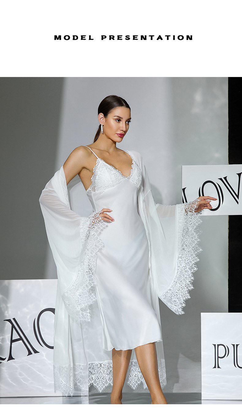 Two-piece set of white satin halter sleeping dress for export, detachable chest cushion mesh lace flared sleeve outer robe 1182 pic 7