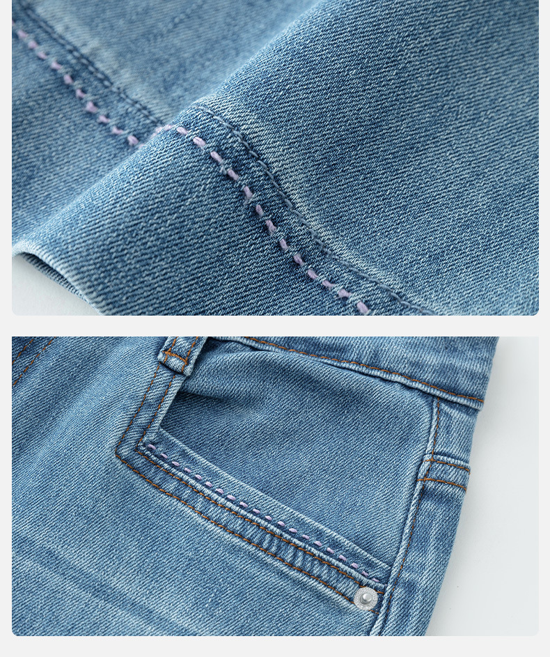 Petite 9-inch straight pipe pants with embroidered stretch in light blue, fashionable commuting pear-shaped high-waisted baguette pants that look slimming pic 16