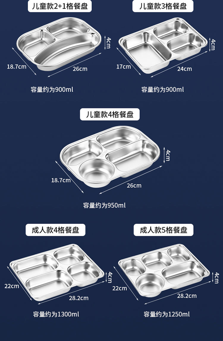 304不锈钢餐盘 成人儿童食堂方形分格餐盒加深加厚带盖饭盘快餐盘详情13