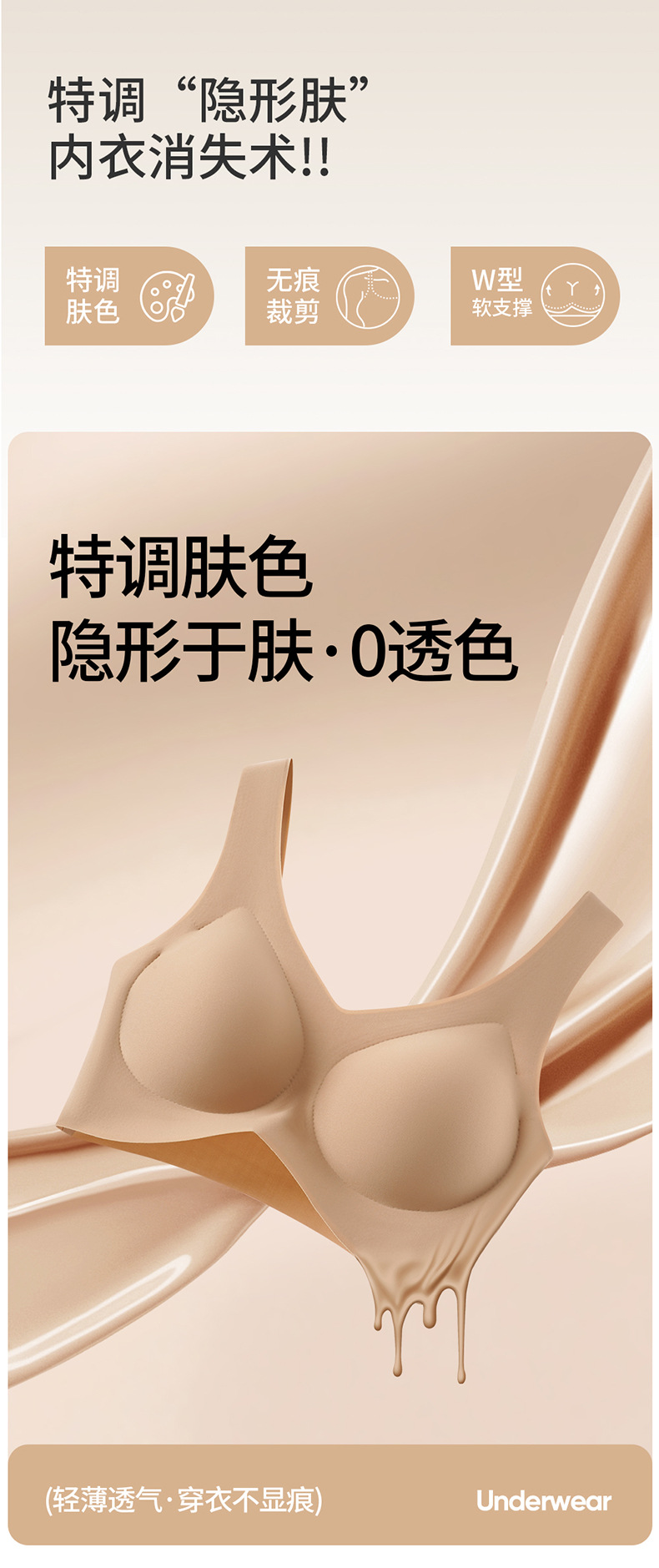 粉底液无痕隐形内衣女固定杯无钢圈大胸显小聚拢美背文胸白T不透详情1