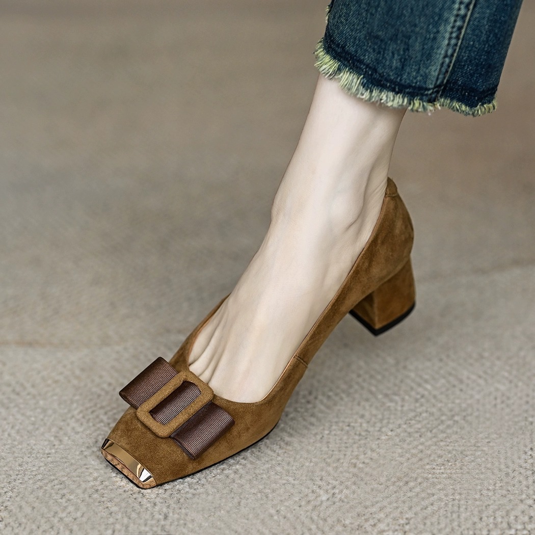 法式复古时尚蝴蝶结浅口单鞋女春秋新款方头中跟粗跟百搭高跟瓢鞋详情5
