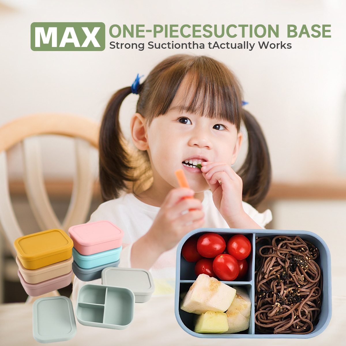 跨境硅胶饭盒保鲜收纳盒三分格密封食品级可微波炉加热午餐便当盒详情1