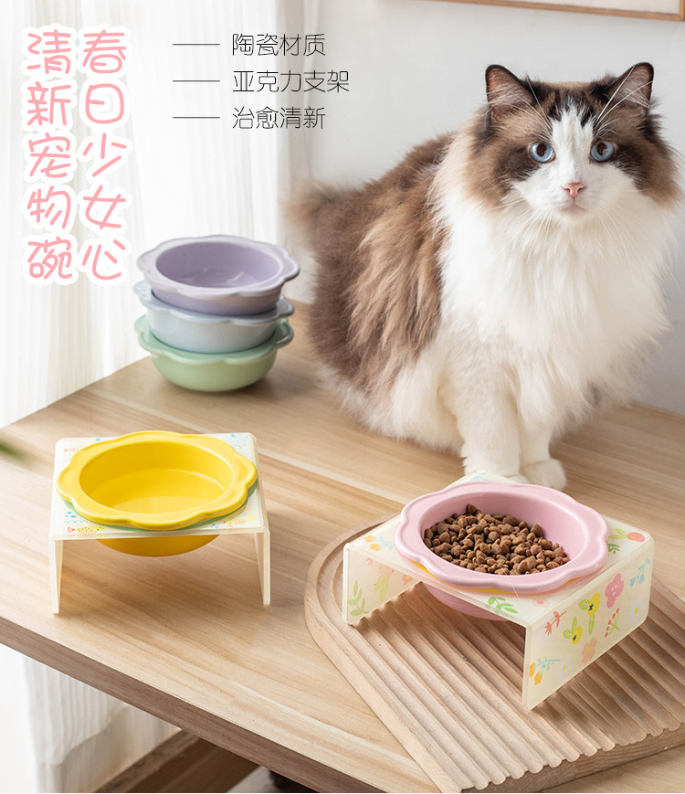 Cartoon pet bowl, acrylic stand, flower ceramic cat bowl, height-increasing dining table, single bowl stand for cats and dogs, neck guard to prevent knocking pic 1