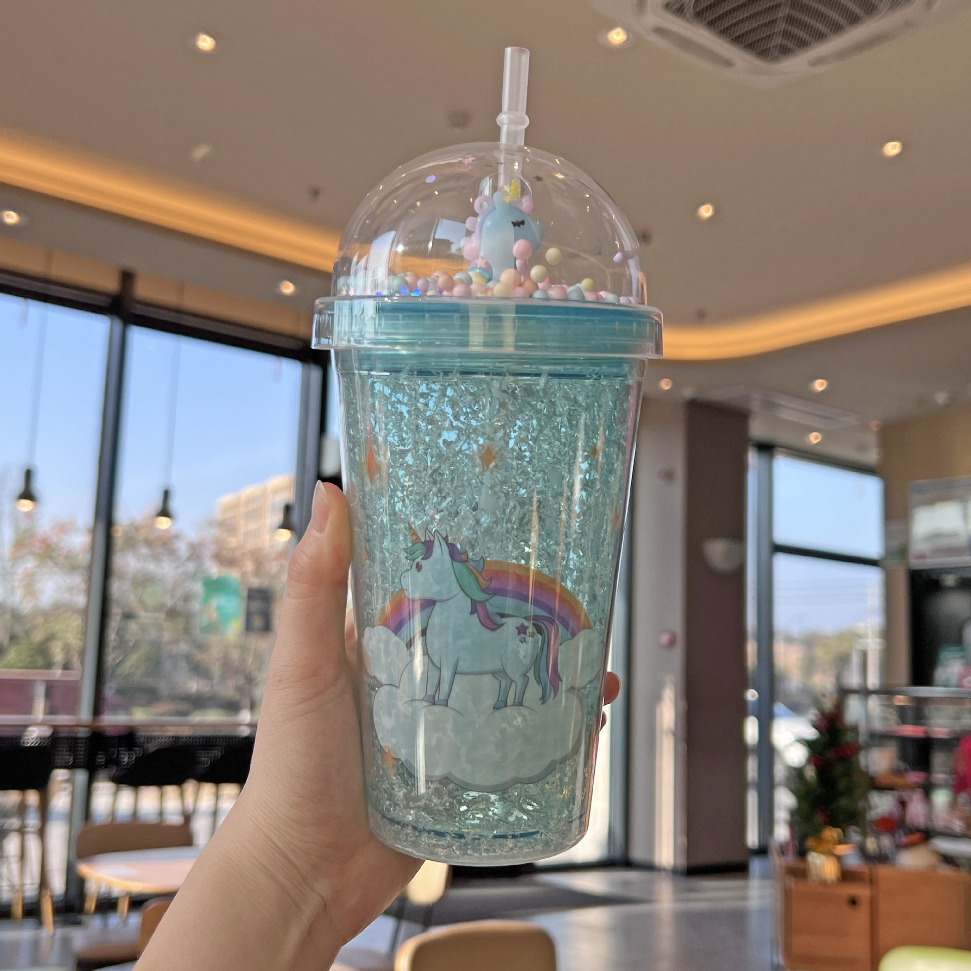 外贸新款卡通独角兽儿童吸管杯双层碎冰杯网红高颜值塑料水杯批发详情12