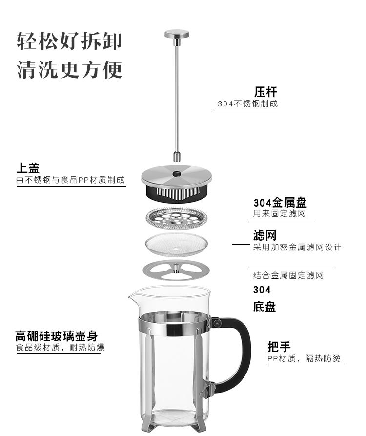批发法压壶高硼硅玻璃家用玫瑰金手冲咖啡壶不锈钢过滤萃取冲茶器详情3