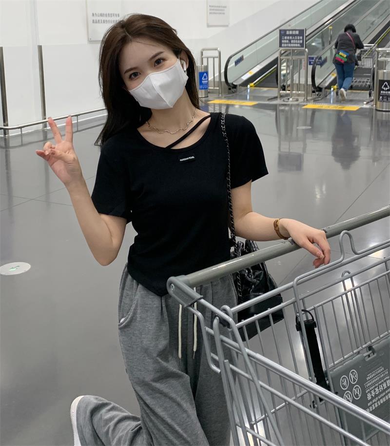 不规则设计感短袖T恤女夏季韩版2023新款辣妹风欲白色打底上衣详情8
