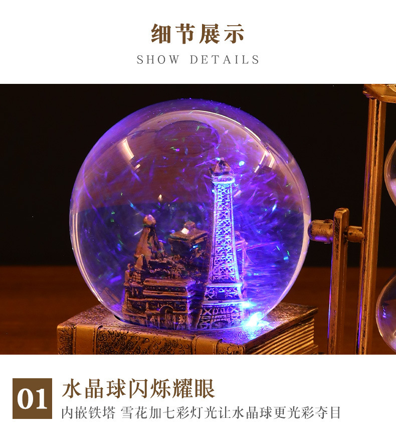 复古铁塔沙漏计时器水晶球八音盒发光桌面摆件学生毕业圣诞节礼物详情12