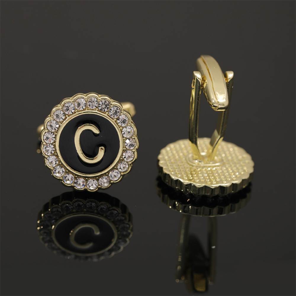 大写字母袖扣圆形镶钻袖钉合金滴油男士衬衫扣26英文字母A-Z配饰详情6