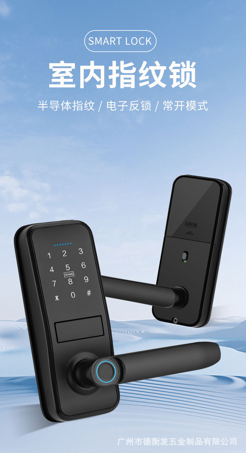 Black fingerprint smart lock with digital keyboard, circular sensing ring and door handle pic 1