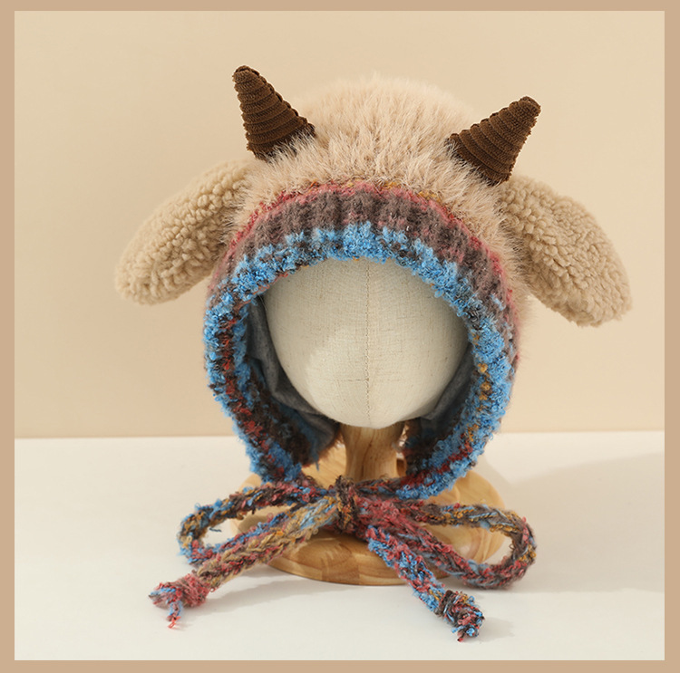 冬季保暖儿童帽子加厚针织毛绒帽男女宝宝可爱牛角护耳套头毛线帽详情12