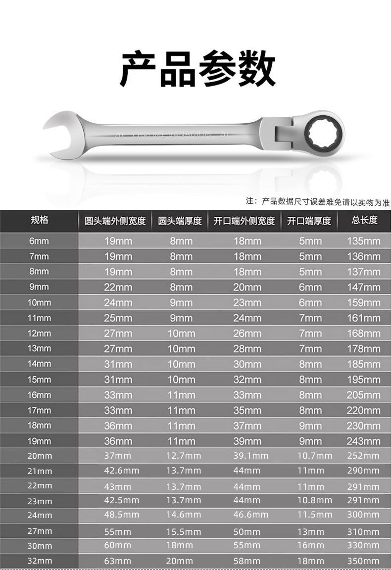 摇头棘轮铬钒钢双向活动头棘轮扳手快速手动两用棘轮扳手开口扳手详情11