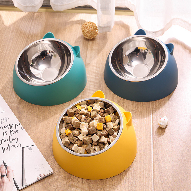 Cross-border wholesale candy-colored cat head small stainless steel single bowl detachable plastic base cute cat and dog food bowl pic 1