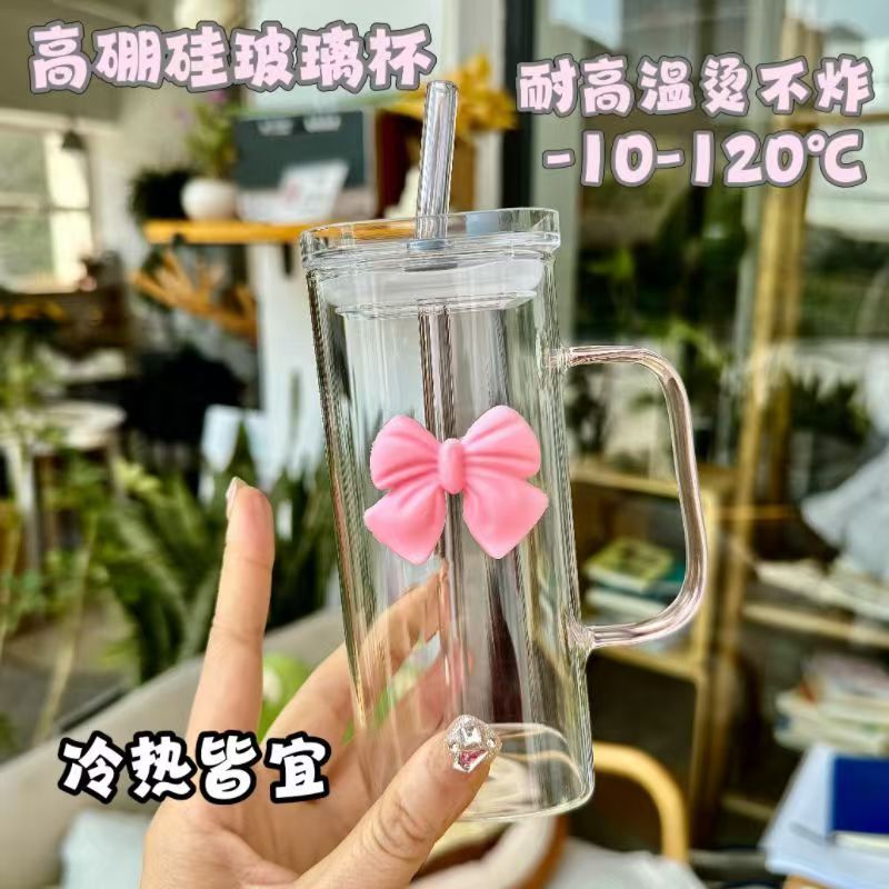 Ins-style square bow glass cup with handle, high appearance level, high-temperature resistant, cute fairy pink straw water cup pic 7