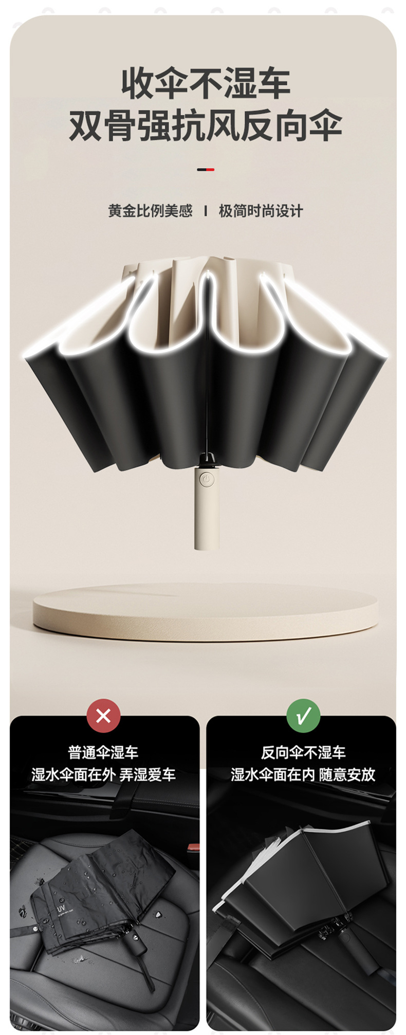 全自动大号折叠反向伞批发晴雨两用黑胶雨伞防晒防紫外线伞礼品伞详情7