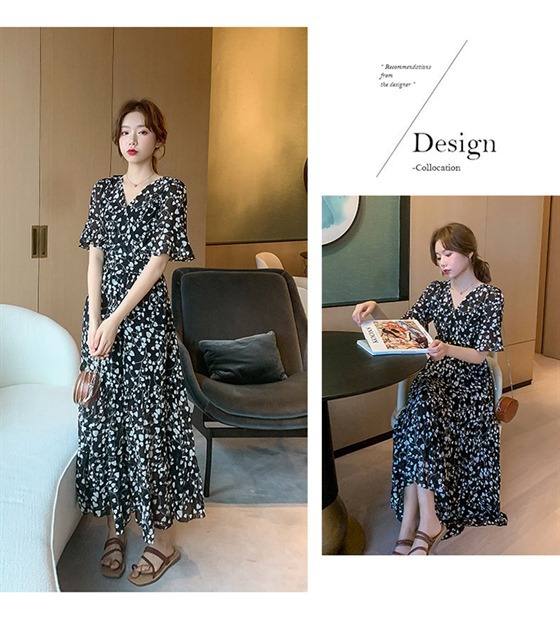 New summer dress for women, black knee-length floral chiffon, V-neck dress, fairy-like, super fairy-like and forest-like style pic 14