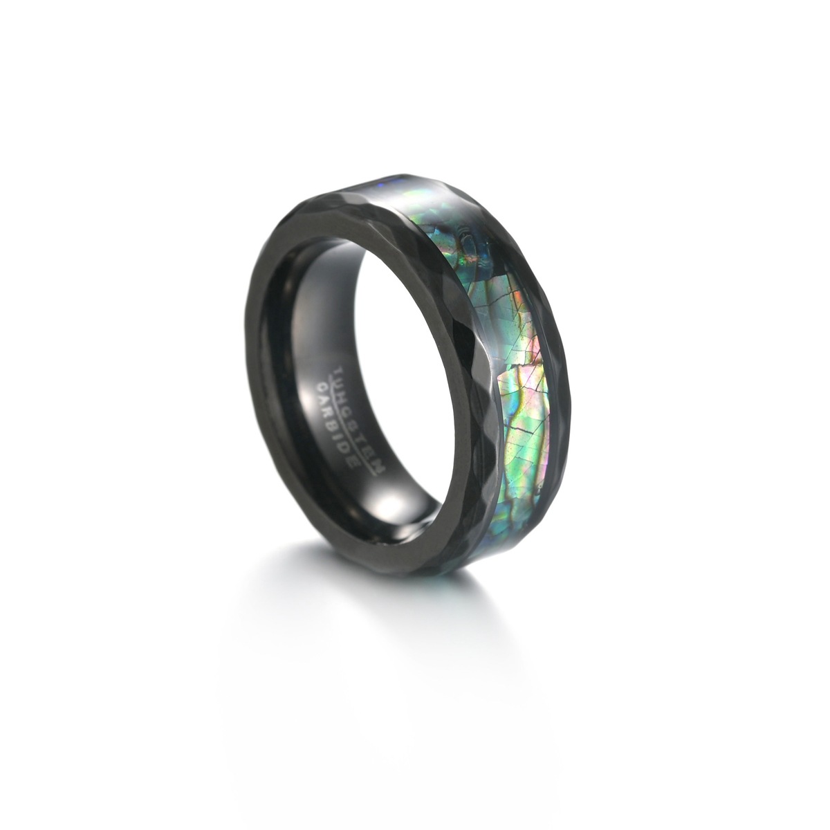 European and American cross-border style diamond-shaped edge-plated black rose gold ring for men, titanium steel set abalone shell ring pic 9