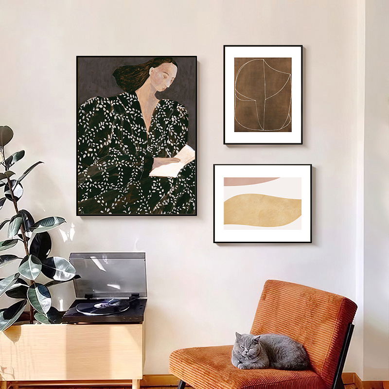Swedish niche living room sofa background decorative painting, Nordic corridor retro artistic combination hanging painting, abstract entrance painting pic 6