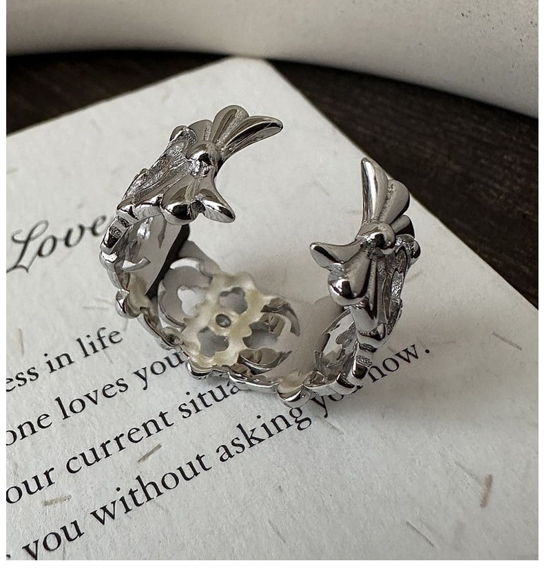 S925 pure silver, a niche and light luxury white gold warbler tail flower ring, a fashionable, simple and classic silver ring jewelry wholesale pic 10