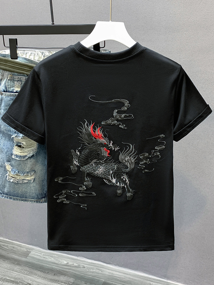 国潮牌中国民族风麒麟刺绣上衣男士宽松圆领百搭白短袖T恤国潮欧货详情15