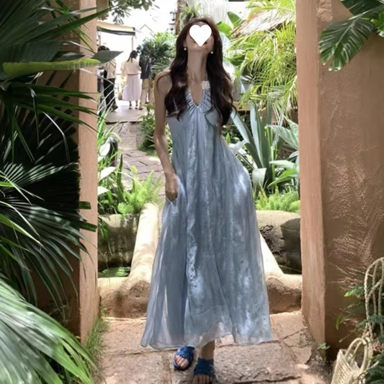 海边穿搭度假风浅蓝色吊带裙海岛连衣裙氛围感女裙露背长裙详情36