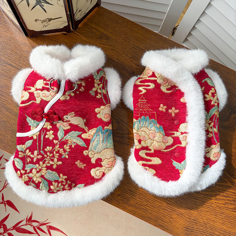 New Year Autumn and Winter double-layer thickened fleece Chinese-style jade rabbit pet dog and cat clothing, clothing and accessories, Tang suits, bichon Frises, Teddy bears pic 2