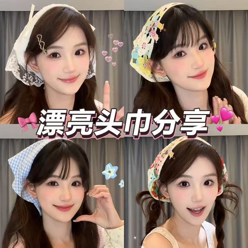 French lace knitted triangular scarf, flower retro Japanese headscarf, hair band, versatile small scarf, photo hair accessory for women pic 5