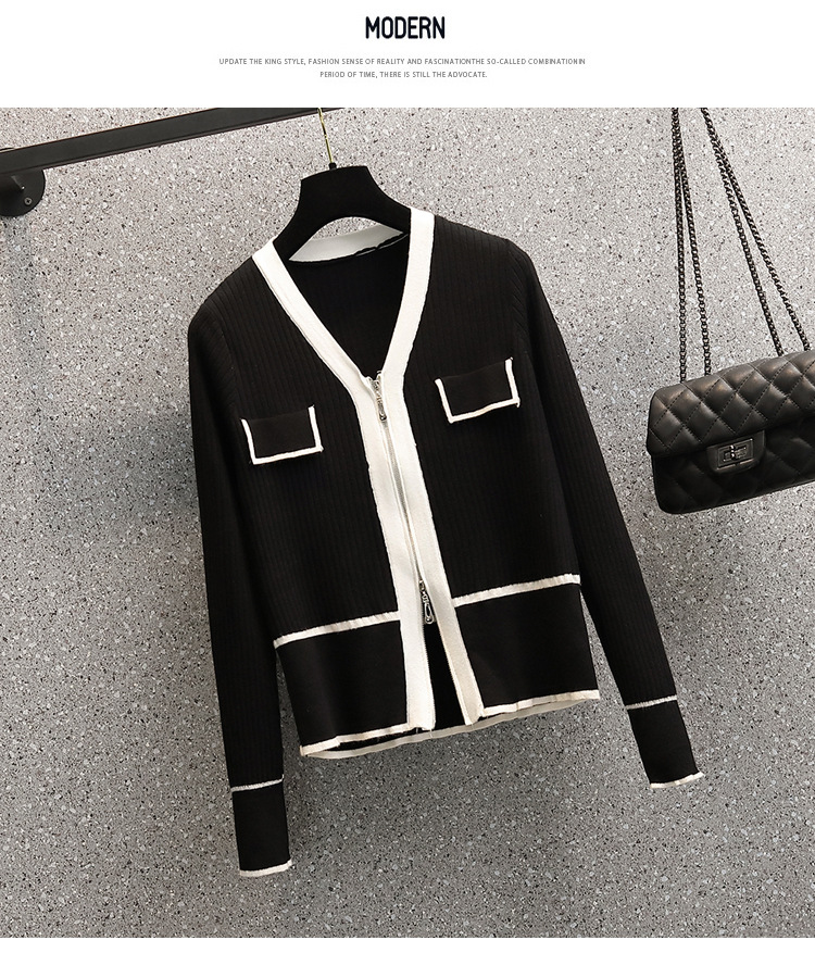A 200-pound large-sized chanel-style knitted cardigan for early autumn, a V-neck double zipper loose, waist-cinching and slimming base layer for women pic 7