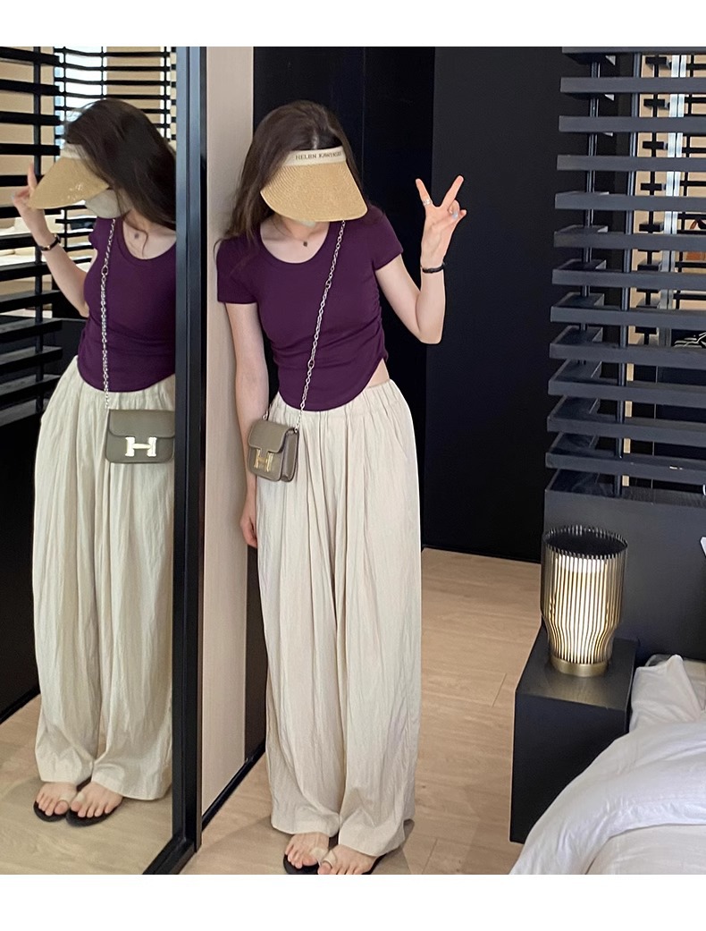 辣妹正肩紧身短袖T恤女 2025夏季新款直播显身材 茶艺风格低领紫色上衣 女式T恤青春时尚潮流详情13