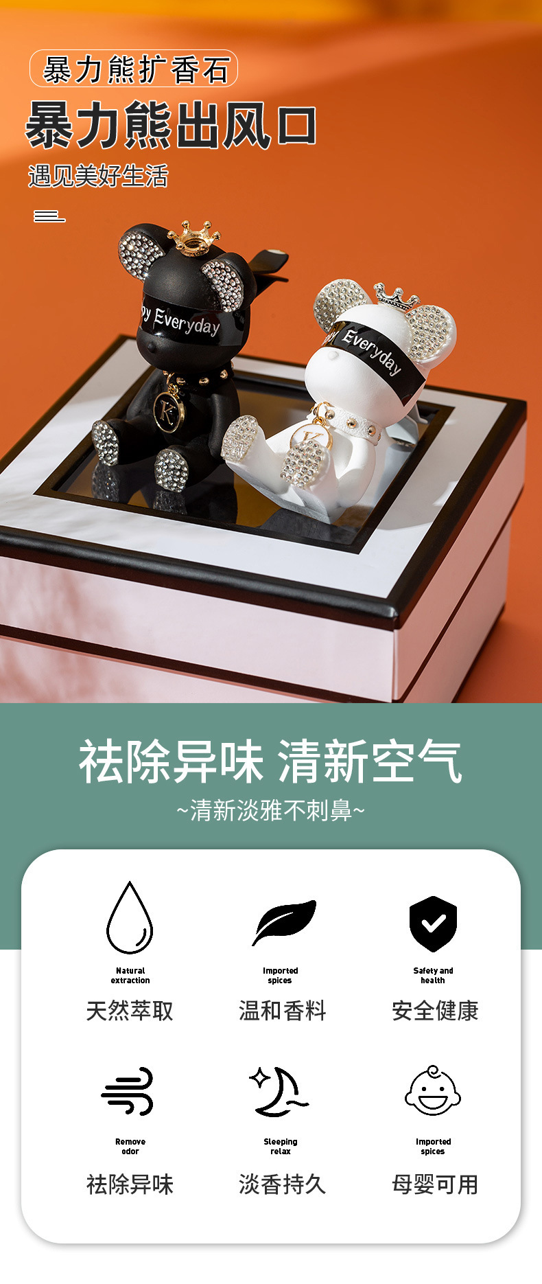 香薰香水摆件扩香石空调出风口车载ins车载香水可爱汽车暴力熊详情2