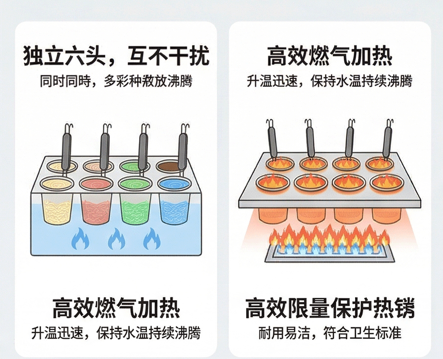 Desktop gas six-head noodle cooking stove, noodle cooking machine, cooking stove wholesaler, commercial stall catering equipment, breakfast shop pic 3