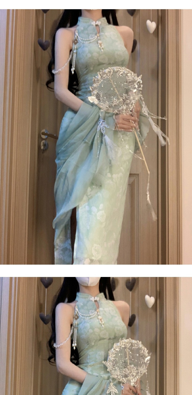 新中式绿色挂脖连衣裙女夏季旗袍改良年轻款气质开叉露肩无袖长裙详情9