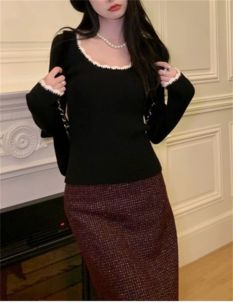 KANING复古撞色打底针织衫女2025春季新款法式气质修身内搭毛衣女详情9