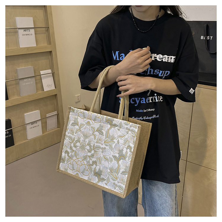 韩版文艺女包新款潮高颜值大容量棉麻时尚上班通勤手提袋便当包包详情19