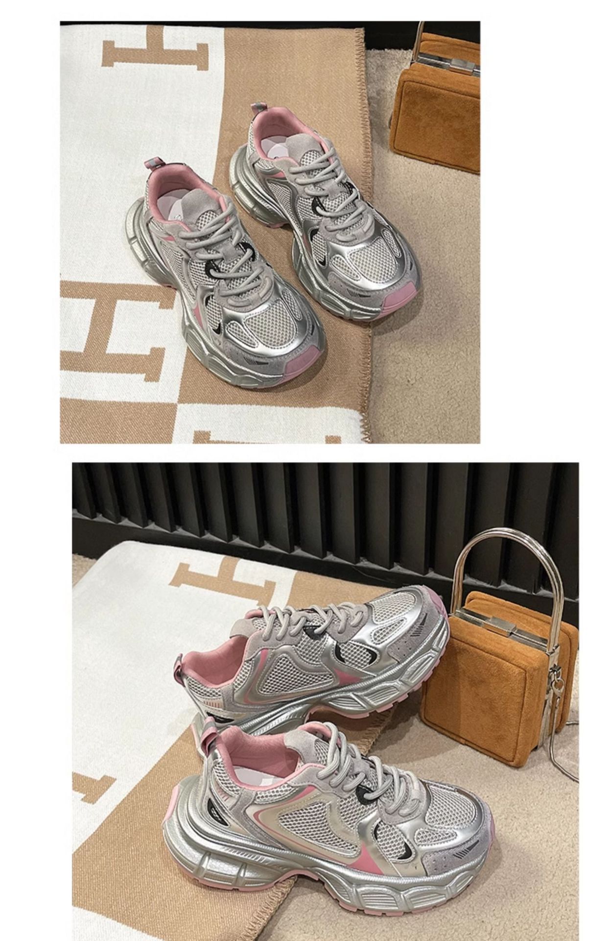 老爹鞋女2025春季新款厚底圆头网面休闲女鞋银色潮牌时尚运动鞋详情23