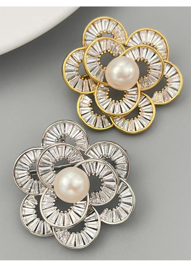 French elegant freshwater pearl camellia brooch, copper alloy inlaid with zircon, real gold electroplated, high-end fashion pin pic 19
