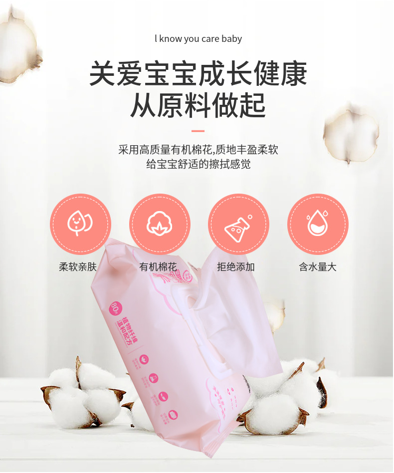 婴幼儿湿巾 抽取式EDI纯水80片无香清洁爽肤湿纸巾带盖儿童家庭装详情3