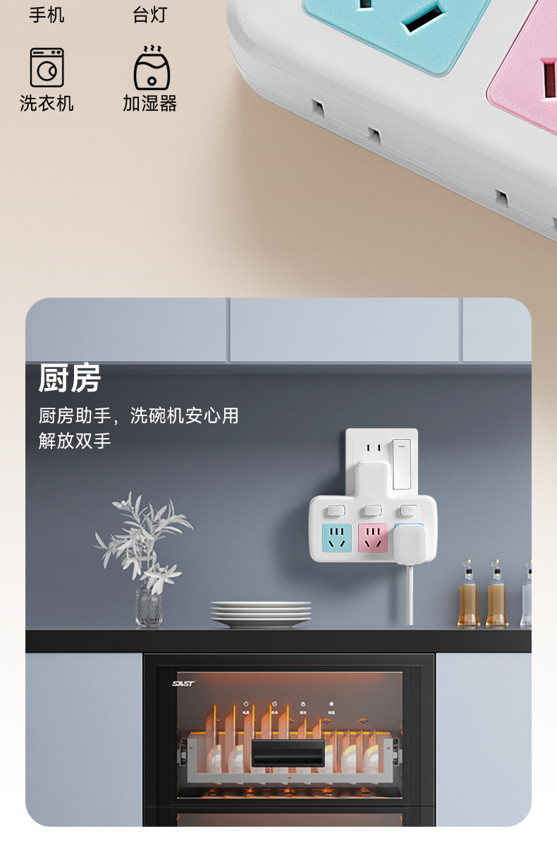 插座转换器多孔位一转多智能排插家用多功能插板大功率插头插座详情4