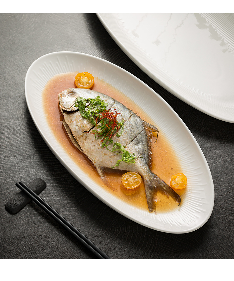 White porcelain high-end fish plate, restaurant cold dish plate, dain-shaped arrangement plate, hotel seafood plate, home high-temperature resistant steamed fish plate pic 7