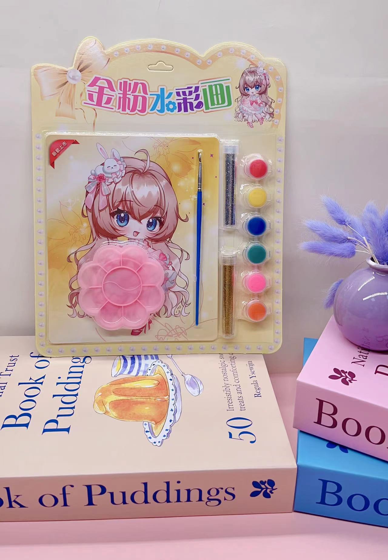 批发儿童彩妆贴画DIY填色涂鸦化妆贴画彩画彩铅钻贴6只笔一卡4张详情24