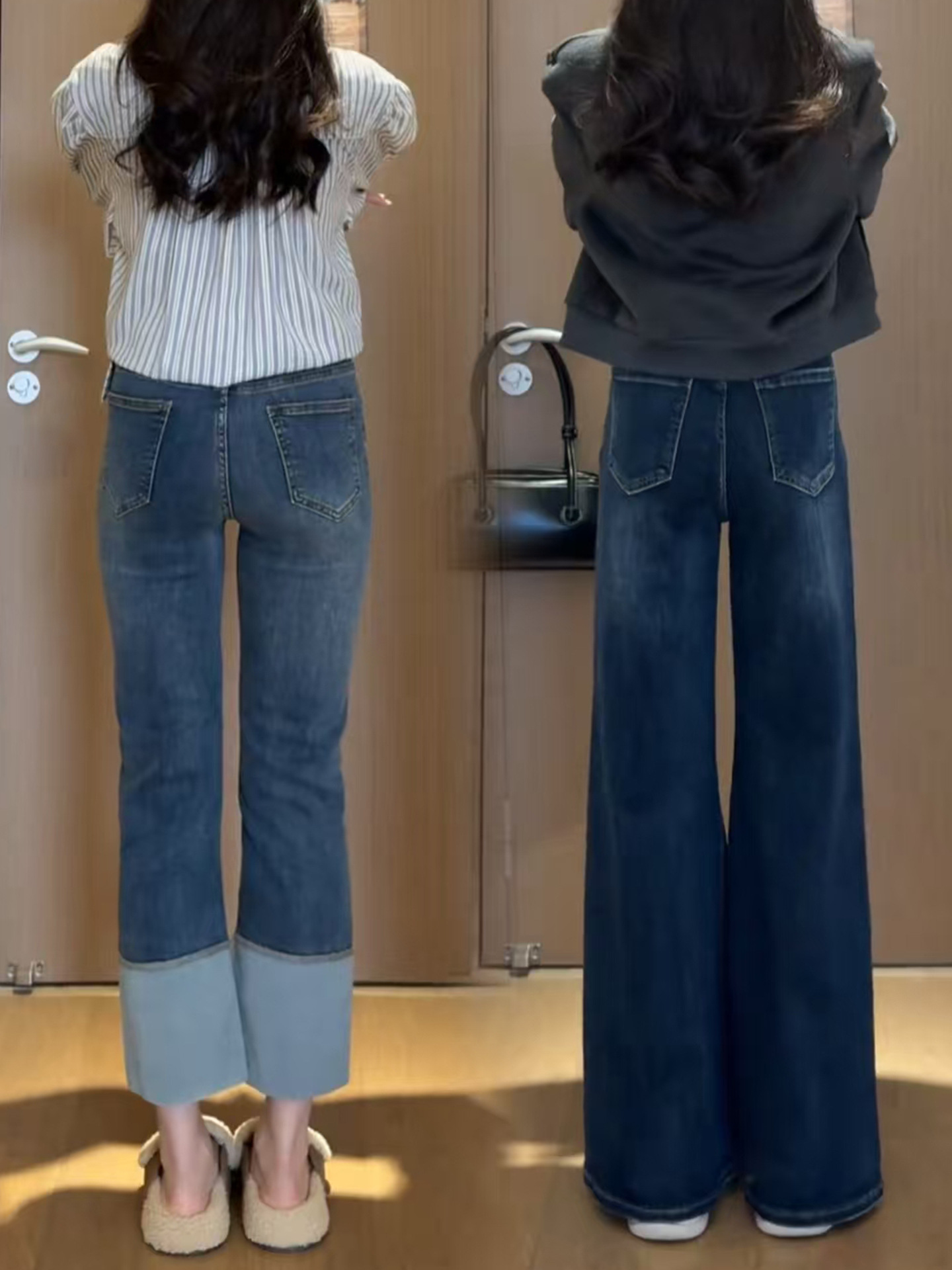 Dark blue wide-leg jeans for women, 2025 autumn new style, plus-size pear-shaped chubby girls, high-waisted, slimming, slightly flared pants pic 12